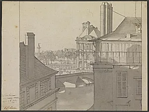 Udsigt fra J.P. Møllers bolig i Hôtel d'Irlande, Rue de Beaune nr. 3, over Seinen mod Tuillerierne og Rue de Rivoli, Paris 6. marts 1812 by J.P. Møller