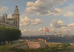 Udsigt fra Kronborg Vold over flagbatteriet og Sundet til den svenske kyst