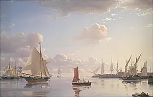 Udsigt fra Langelinie mod Nyholm med Mastekranen. Morgenbelysning by Emanuel Larsen