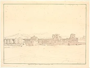 Udsigt fra pladsen ved S. Giovanni in Laterano mod Porta S. Giovanni og den aurelianske mur, Rom by C.W. Eckersberg