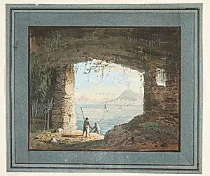 Udsigt fra ruin over havbugt med vulkan by L. Chipart