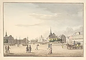 Udsigt fra Slotspladsen mod Børsen og banken by C.W. Eckersberg