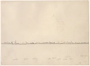 Udsigt fra søen mod København, til ventre mastekran, til højre Klassensgaard. by C.W. Eckersberg