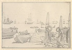 Udsigt fra stranden syd for Helsingør mod vagtskibet, briggen "Falster". by C.W. Eckersberg