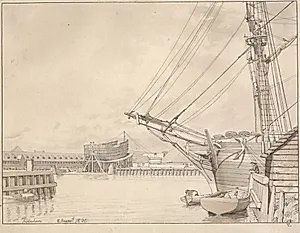 Udsigt fra Wilders Plads på Christianshavn mod Gammelholm med Reberbanen og beddingen for fregatter by C.W. Eckersberg