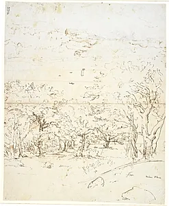 Udsigt gennem en skov til et sund by Dankvart Dreyer