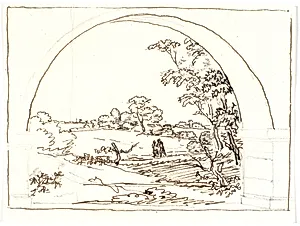 Udsigt gennem en stenbue med et (dansk) landskab by Martinus Rørbye