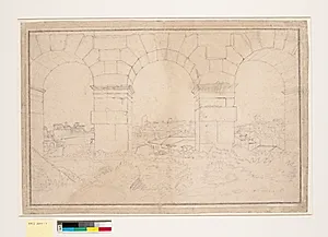 Udsigt gennem tre af de nordvestlige buer i Colosseums tredje stokværk by C.W. Eckersberg