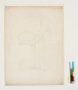 Udsigt langs den vestlige arkaderække af Tempio di Claudio, tidligere kaldet Curia Hostilia, i baggrunden Torre delle Milizie og Quirinalet. Rom by C.W. Eckersberg