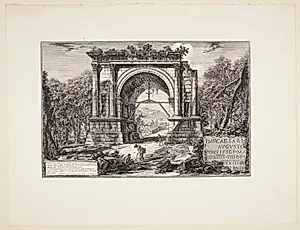 Udsigt med triumfbuen bygget til ære for Augustus nær byen Aosta ... by Giovanni Battista Piranesi