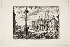Udsigt mod Basilica di Santa Maria Maggiore, med dens sidebygninger og søjlen ved Konstantinbasilikaen i forgrunden by Giovanni Battista Piranesi