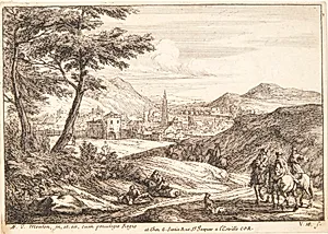 Udsigt mod en by med et gotisk spir by Jan van Huchtenburg