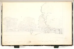 Udsigt mod en have med store træer og sandstensvaser. ( Nysø have?) by P.C. Skovgaard
