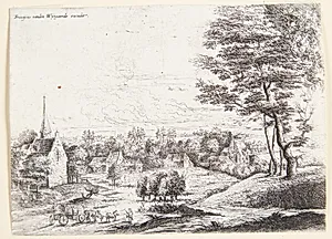 Udsigt mod en landsby med en vogn i forgrunden by Lucas van Uden