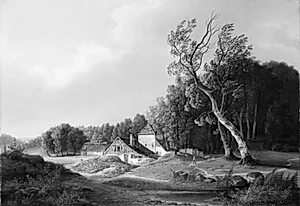 Udsigt mod et kalk- og teglbrænderi på en stormfuld dag by F.M.E. Fabritius de Tengnagel