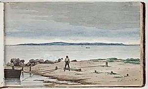 Udsigt mod et strandlandskab med uvejrsskyer på himlen. To mænd arbejder ved en båd og et bål i forgrunden by Martinus Rørbye