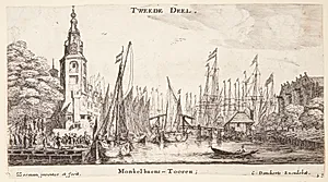 Udsigt mod Montelbaanstoren i Amsterdam. Titelblad til "Forskellige skibe og udsigter fra Amsterdam (II)" by Reinier Zeeman