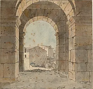 Udsigt mod nord gennem en af buerne i Colosseums andet stokværk, Rom by C.W. Eckersberg
