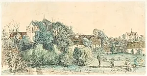 Udsigt mod Ørbæk præstegård og kirke by Dankvart Dreyer