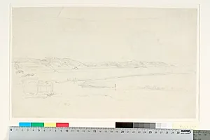 Udsigt mod skovklædte bakkedrag, i forgrunden en å, der løber gennem en eng. Jylland? by Dankvart Dreyer