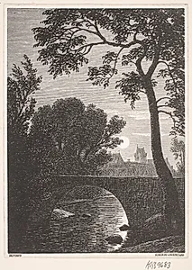 Udsigt over en bro til en by i måneskin by Johan Frederik Rosenstand