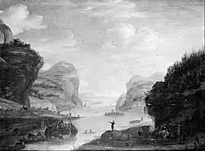 Udsigt over en flod by Johannes Lingelbach
