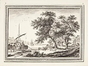 Udsigt over en lille havn, i forgrunden en lastet båd by Jeanne Françoise Ozanne