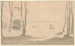 Udsigt over en sø, til venstre et badehus, i midten ryttere der vander heste, forgrunden er træbevokset by C.W. Eckersberg