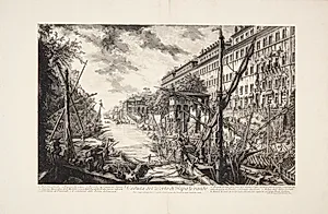 Udsigt over havnen ved Ripa Grande, Rom, med kajerne, toldhuset, arsenalet og mange pramme by Giovanni Battista Piranesi
