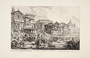 Udsigt over havnen ved Ripetta, Rom, med kajer, toldhus og mange pramme lastet med tønder by Giovanni Battista Piranesi