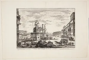Udsigt over Piazza del Quirinale (Piazza di Monte Cavallo), med Quirinal-paladset t.h. og statuerne af Castor og Pollux i centrum by Giovanni Battista Piranesi