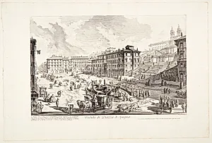 Udsigt over Piazza di Spagna, med Barcaccia-fontænen, Den Spanske Trappe og kirken SS. Trinità de' Monti by Giovanni Battista Piranesi
