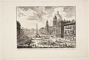 Udsigt over Piazza Navona, Rom, med Sant' Agnese-kirken t.h. og Bernini's fontæne i midten by Giovanni Battista Piranesi