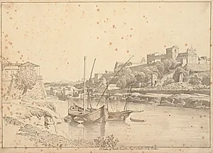Udsigt over Tiberen ved Porto di Ripa Grande uden for Porta Portese mod Marmorata og kirkerne på Monte Aventino, Rom by C.W. Eckersberg