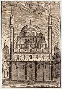 Uidentificeret frontalt set moské med to minareter, i et gårdsrum; en vinget djævel i skyen over moskéen by Melchior Lorck