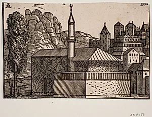 Uidentificeret moské med 1 minaret, t.v. højt træ by Melchior Lorck