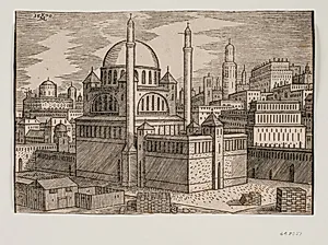 Uidentificeret moské med 2 minareter, set fra nordøst; i forgrunden byggeplads med stablede byggesten by Melchior Lorck