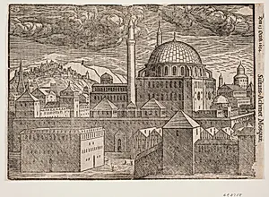Uidentificeret moské med 2 minareter, set fra sydøst; t.v. bjerg med befæstet by by Melchior Lorck
