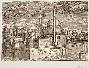 Uidentificeret moské med 2 minareter set fra sydvest; hinsides vandet ses Galata? I nederste h. hjørne en kubisk sten, hvorpå er indridset en kvadratisk geometrisk figur, som måske viser moskéens grundplan by Melchior Lorck