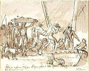 Ullin bringer Oscars døde legeme over til Skotland. Ossians digte, Temora I by Nicolai Abildgaard