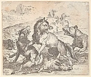 Ulv angrebet af to hunde by Abraham Hondius