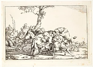 Ulv, der angribes af fem hunde by Marcus de Bye