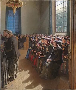 Under gudstjenesten i en kirke på Amager by Carl Wentorf