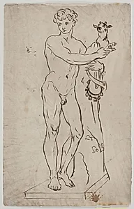 Ung Faun der holder et gedekid. Kopi efter Saly's statue fra 1750. Efter et eksemplar på firkantet basis by Ubekendt
