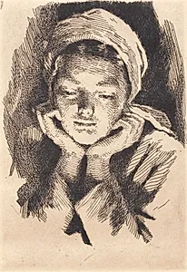 Ung kvinde med hue, en face, støttende hovedet i hænderne. Brystbillede by Frans Schwartz