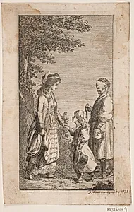 Ung kvinde, som tager en lille dreng ved hånden, mens en mand med stok ser på by Georg Christian Schule