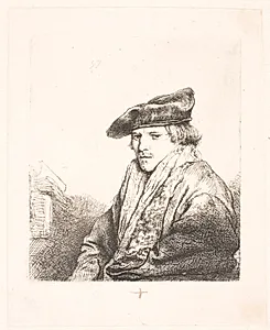 Ung mand med fløjlsbaret, ved siden af ham nogle bøger by Rembrandt van Rijn