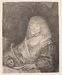 Ung mand med kæde og kors ved skrivepult by Rembrandt van Rijn