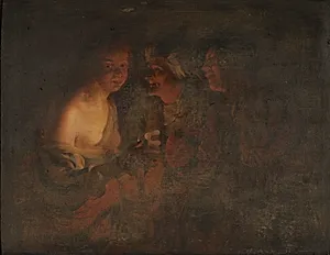 Ung pige med lysestage, gammel kone, samt violinspiller by Gerard van Honthorst