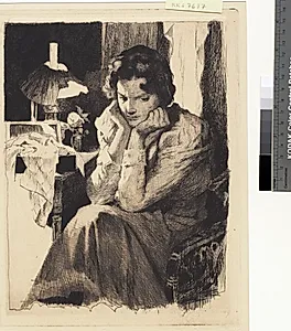 Ung pige ved sin lampe, støttende hovedet i begge hænder by Frans Schwartz